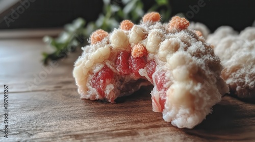 Close up of a Partially Eaten Red Food Item Covered in White Fuzzy Mold on Wood photo