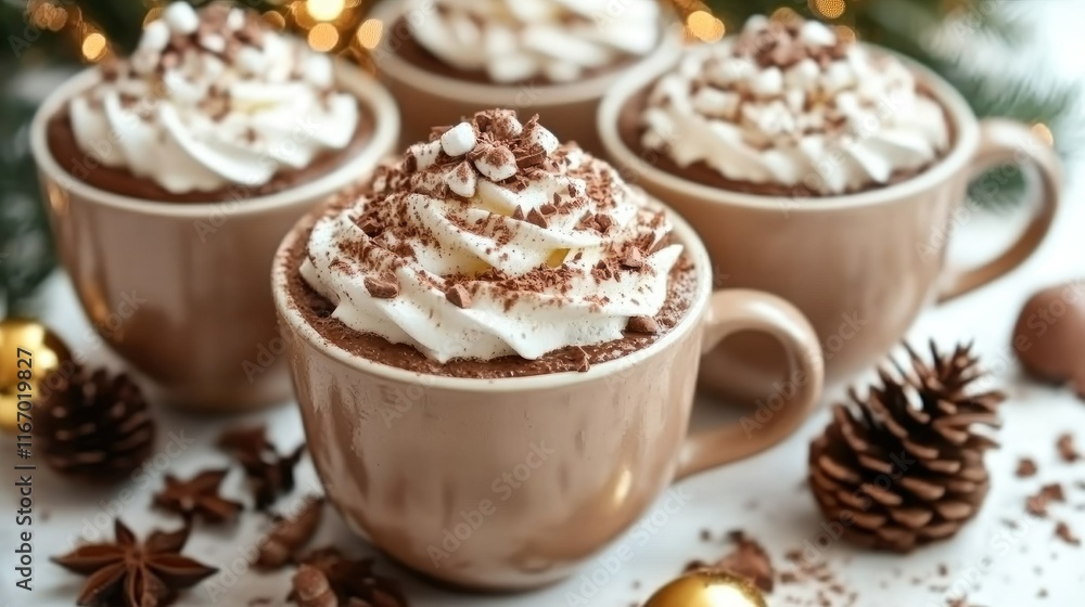 Three mugs of hot chocolate topped with whipped cream and chocolate shavings. Three mugs of hot chocolate topped with whipped cream and chocolate shavings.