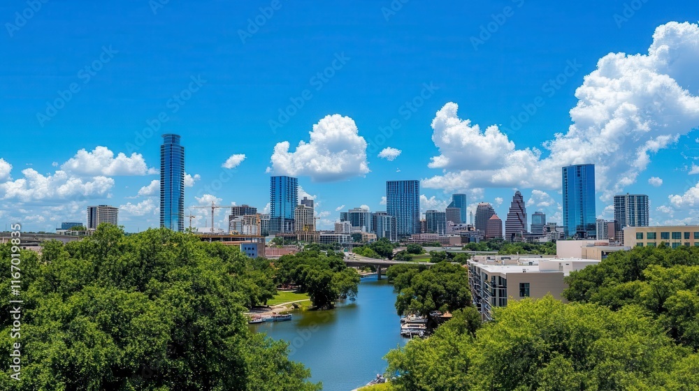 Fototapeta premium Stunning Austin Texas Skyline Cityscape View with River and Lush Greenery