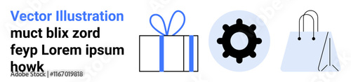 Vector graphic of blue-accented gift box, black gear, and light blue shopping bag. Ideal for business, e-commerce, technology, marketing, online shopping holiday promotions branding. Landing page