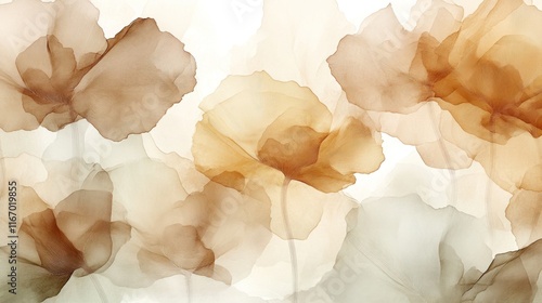 Abstract floral design with translucent brown and beige poppies on white background.