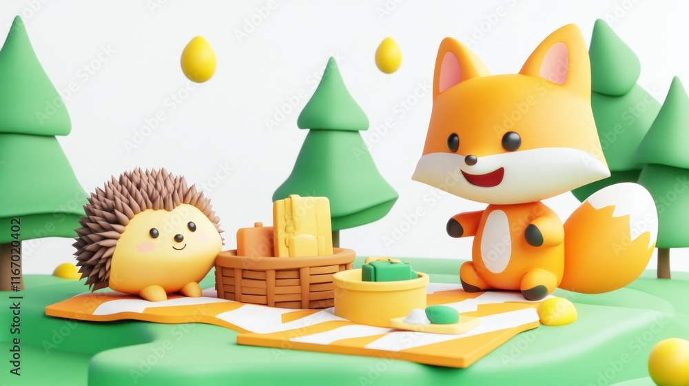 Cute fox and hedgehog enjoying a picnic in a 3D rendered scene. Cute fox and hedgehog enjoying a picnic in a 3D rendered scene.