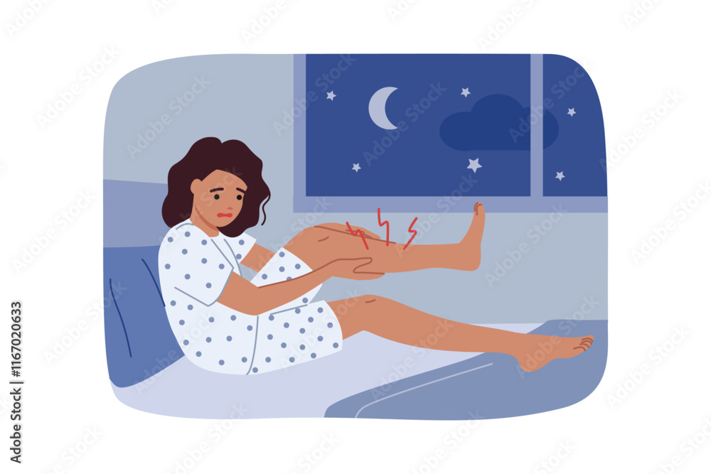 Sharp cramp woke up woman, clutching at leg lying in bed, experiencing stabbing pain prevented from sleeping. Problem of night cramps worries teenage girl lying near window overlooking starry sky.
