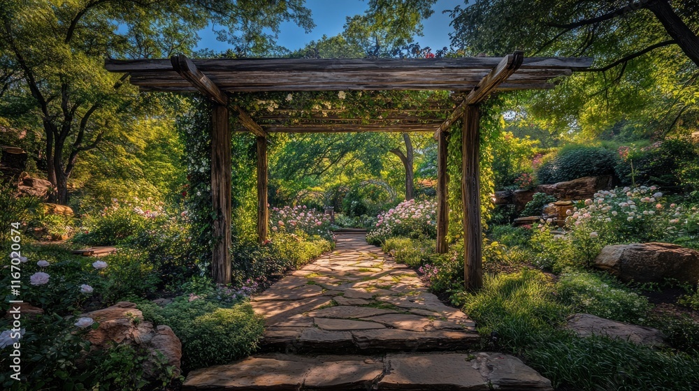 Sunlit stone path through lush garden with wooden pergola. Sunlit stone path through lush garden with wooden pergola.