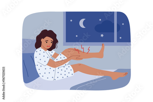 Obraz na płótnie Sharp cramp woke up woman, clutching at leg lying in bed, experiencing stabbing pain prevented from sleeping. Problem of night cramps worries teenage girl lying near window overlooking starry sky. w salonie