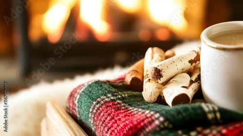 Wallpaper Mural Cozy Winter Fireplace Scene Hot Drink Plaid Blanket Birch Logs Torontodigital.ca