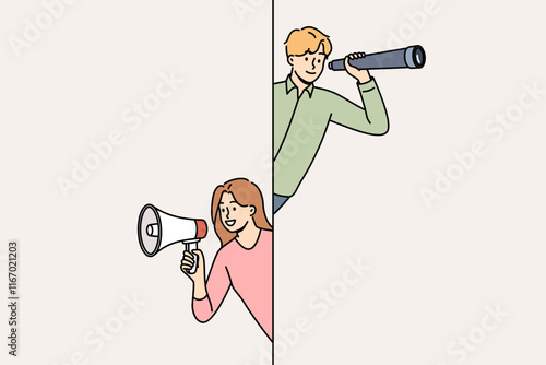 Business team of man using telescope to find opportunities and woman promoter attracting clients. Young business team of employees performing own task to improve commercial performance.