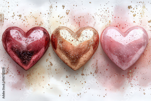 Elegant glitter hearts in pink and red on light ground with space for text, Valentine's Day Card, Background