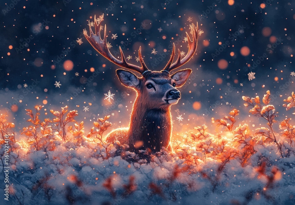 Watercolor Deer Silhouette with Antlers Snowflakes Foliage Moonlight Soft Pastel Colors Minimalistic Christmas Winter Greeting Card Watercolor Deer Silhouette with Antlers Snowflakes Foliage Moonlight Soft Pastel Colors Minimalistic Christmas Winter Greeting Card