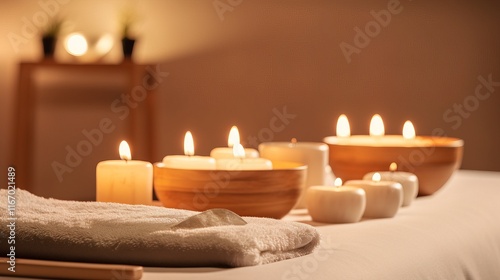 Aromatherapy candles and towels in a spa setting