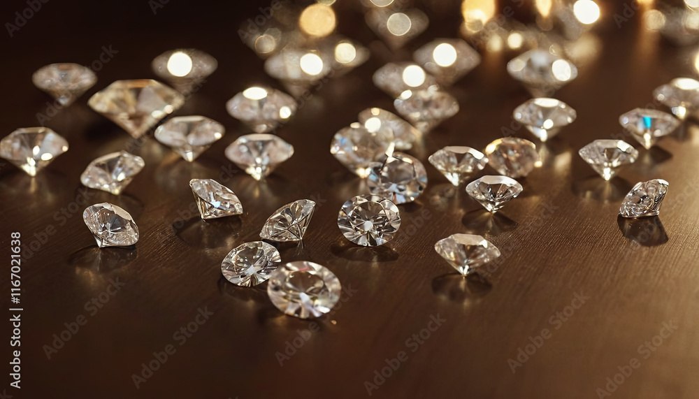 A collection of sparkling diamonds is scattered across a dark wooden surface. The stones catch the light, creating a dazzling effect that enhances their clarity and brilliance A collection of sparkling diamonds is scattered across a dark wooden surface. The stones catch the light, creating a dazzling effect that enhances their clarity and brilliance