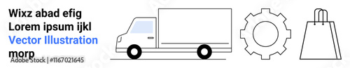 Delivery truck facing right, outlined gear, and shopping bag with handles. Ideal for e-commerce, logistics, delivery services, automation, online shopping, warehouse management and supply chain