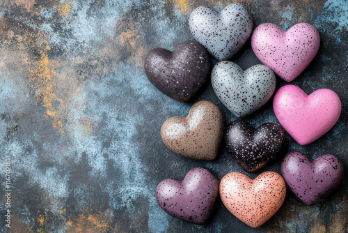 Colorful hearts on dark ground with space for text, Valentine's Day Card, Background