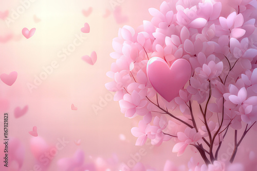 Pink hearts and a pink tree on light ground with space for text, Valentine's Day Card, Background