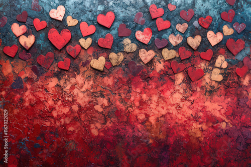 Red and golden hearts on dark red ground with space for text, Valentine's Day Card, Background