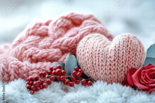 Cozy knitted pink heart with a pink blanket, Valentine's Day Card, Background