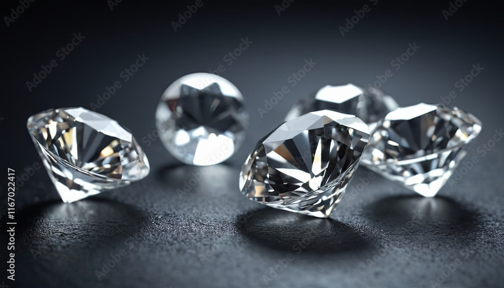 Various diamonds are artistically placed on a sleek black surface, highlighting their sparkling facets and luxurious appearance. The arrangement enhances their beauty and allure Various diamonds are artistically placed on a sleek black surface, highlighting their sparkling facets and luxurious appearance. The arrangement enhances their beauty and allure