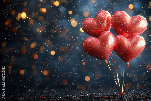 Red Heart shaped Balloons on dark glitter ground with space for text, Valentine's Day Card, Background