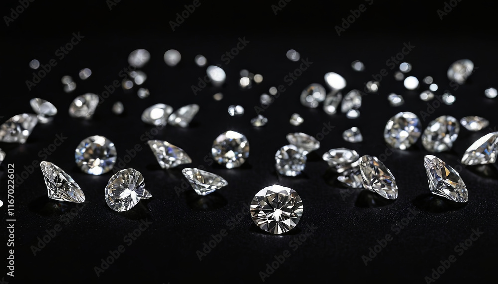 Numerous cut diamonds are scattered across a black surface, reflecting light and creating a stunning display of brightness and brilliance in the darkness Numerous cut diamonds are scattered across a black surface, reflecting light and creating a stunning display of brightness and brilliance in the darkness