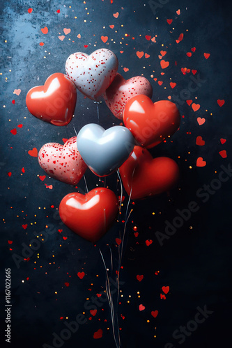 Red Heart shaped Balloons on dark glitter ground, Valentine's Day Card, Background