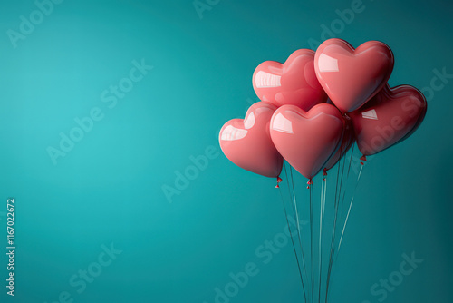 Pink Heart shaped Ballons on teal ground with space for text, Valentine's Day Card, Background