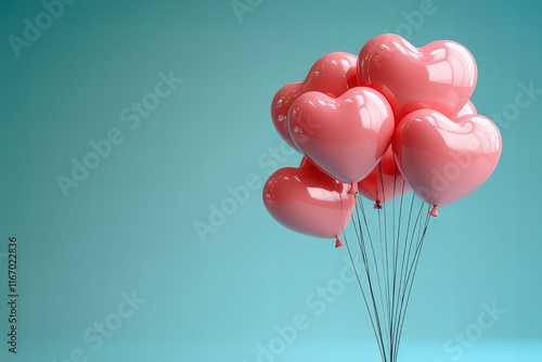 Pink Heart shaped Ballons on teal ground with space for text, Valentine's Day Card, Background