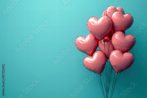 Pink Heart shaped Ballons on teal ground with space for text, Valentine's Day Card, Background
