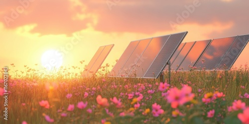 Solar panels stand amidst colorful flowers as the sun sets in a rural field, blending technology with nature and creating a peaceful environment photo