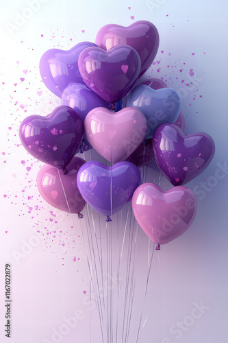 Purple Heart shaped balloons on white ground, Valentine's Day Card, Background photo