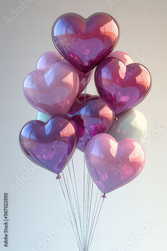 Purple Heart shaped balloons on white ground, Valentine's Day Card, Background