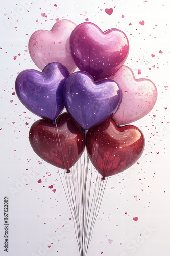 Purple Heart shaped balloons on white ground, Valentine's Day Card, Background