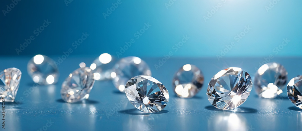 A variety of diamonds in different shapes are scattered across a smooth blue surface, catching the light and creating beautiful reflections, showcasing their brilliance and clarity A variety of diamonds in different shapes are scattered across a smooth blue surface, catching the light and creating beautiful reflections, showcasing their brilliance and clarity