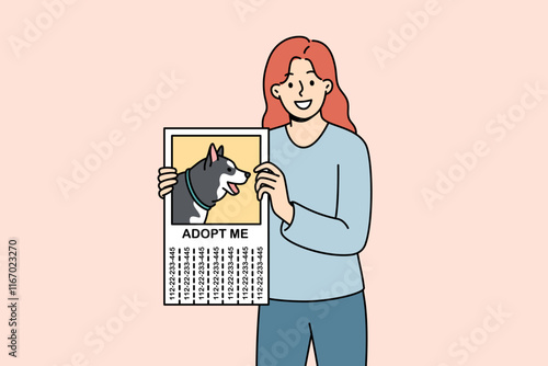 Adop me advertisement with portrait of dog in hands woman volunteer working at shelter for homeless animals. Girl from center for helping homeless puppies calls for adoption of dog left without owner