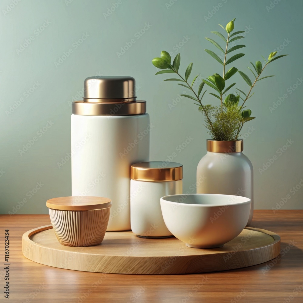 A stylish arrangement of modern kitchenware featuring white containers with gold accents and greenery on a wooden tray, creating an elegant, minimalistic look. A stylish arrangement of modern kitchenware featuring white containers with gold accents and greenery on a wooden tray, creating an elegant, minimalistic look.