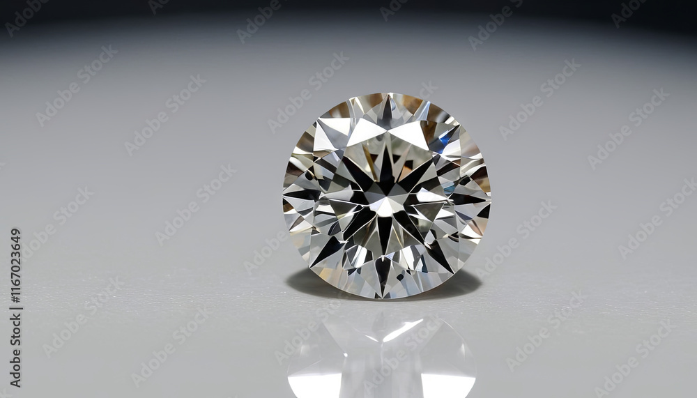 A round diamond rests on a smooth, reflective surface, capturing light beautifully. The high clarity and numerous facets create a mesmerizing sparkle that draws attention A round diamond rests on a smooth, reflective surface, capturing light beautifully. The high clarity and numerous facets create a mesmerizing sparkle that draws attention