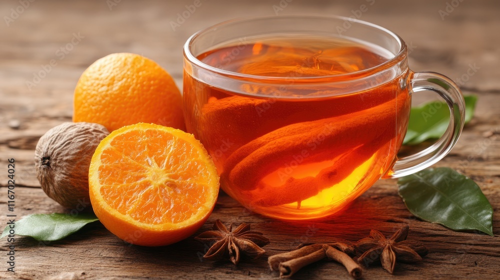 Warm autumn tea with oranges, spices, and leaves on rustic wood. Warm autumn tea with oranges, spices, and leaves on rustic wood.
