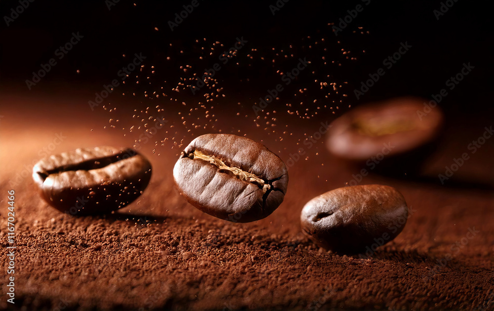Ground coffee explosion with three flying roasted coffee beans Ground coffee explosion with three flying roasted coffee beans