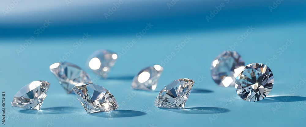 Several cut diamonds of various shapes and sizes are arranged on a smooth blue surface, their facets catching and reflecting light, creating a dazzling effect Several cut diamonds of various shapes and sizes are arranged on a smooth blue surface, their facets catching and reflecting light, creating a dazzling effect