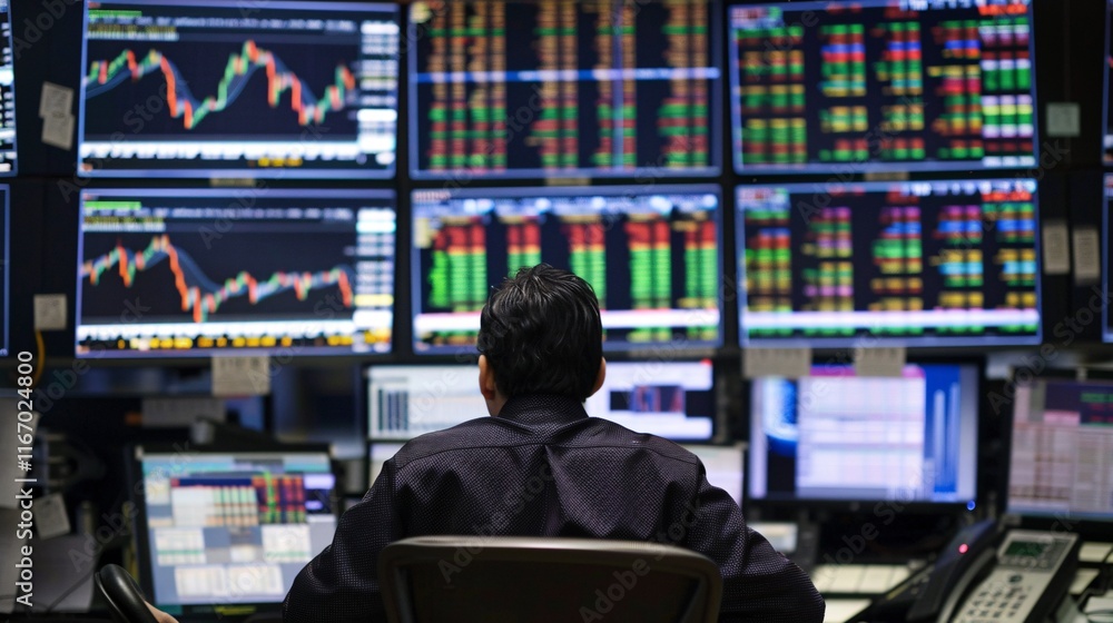Financial Analyst Closely Monitoring and Analyzing Market Data Displayed on Multiple Computer Screens in a Modern Office Setting Financial Analyst Closely Monitoring and Analyzing Market Data Displayed on Multiple Computer Screens in a Modern Office Setting