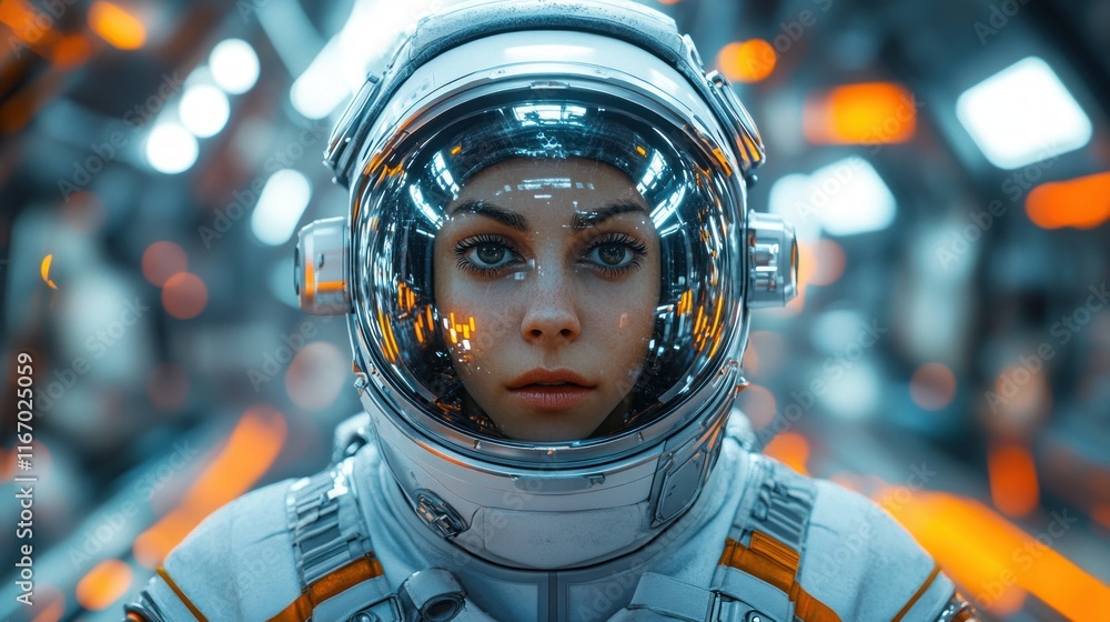 Young black female astronaut in spacesuit exploring futuristic space interior Young black female astronaut in spacesuit exploring futuristic space interior