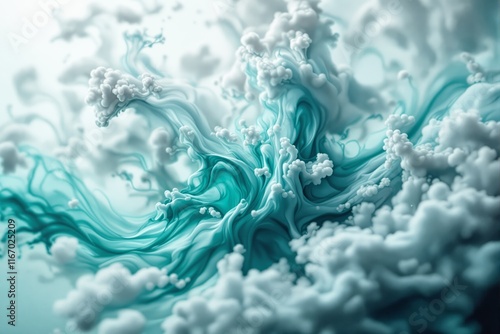 Abstract turquoise and white swirls resembling flowing clouds and waves, fluid motion style, bright background. Concept of creativity and energy. Ai generative photo