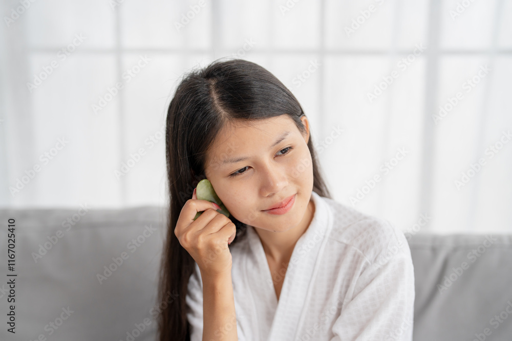 Daily beauty routine Asian woman self care doing gua sha facial massage Traditional medicine Gua Sha quartz stone Cosmetic natural trend. Daily beauty routine Asian woman self care doing gua sha facial massage Traditional medicine Gua Sha quartz stone Cosmetic natural trend.