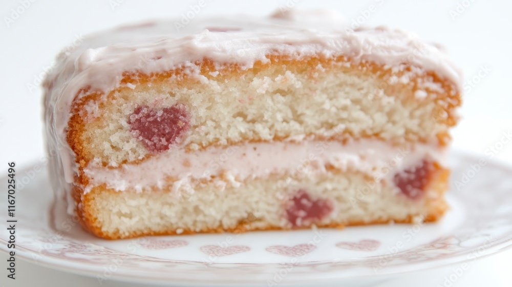 Delicious Two Layer Vanilla Cake with Pink Frosting and Heart Shaped Filling