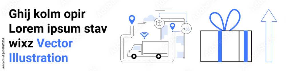 Truck with geolocation pins and wireless signal icon, gift box with bow, upward-pointing arrow. Ideal for logistics, ecommerce, shipping, navigation, delivery tracking, business growth and market Truck with geolocation pins and wireless signal icon, gift box with bow, upward-pointing arrow. Ideal for logistics, ecommerce, shipping, navigation, delivery tracking, business growth and market