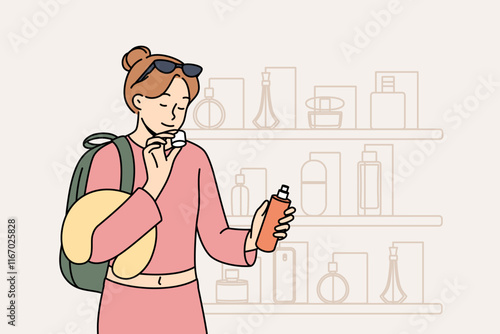 Woman inhales aroma of perfume, stands near counter of store selling cosmetics and expensive perfume. Girl selects appropriate scent to highlight look for going to party and attract attention of men.