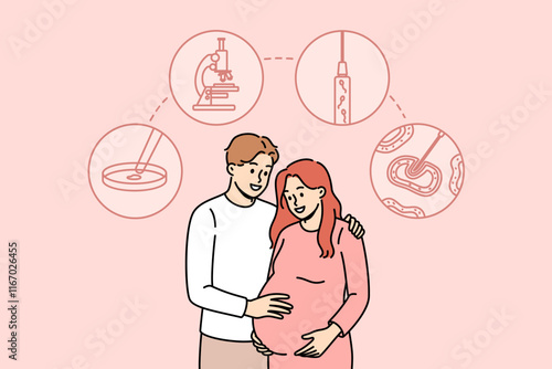 Young couple used in vitro fertilization to become pregnant and give birth to own child. In vitro fertilization symbols over man and woman visiting clinic for IVF or surrogate childbirth