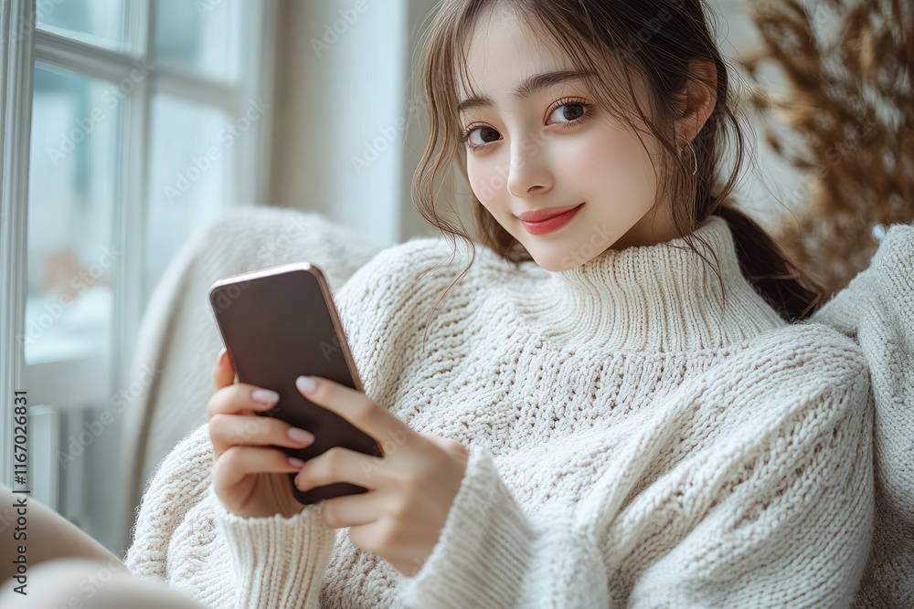 Young Woman Using Smartphone in Cozy Room with Natural Light