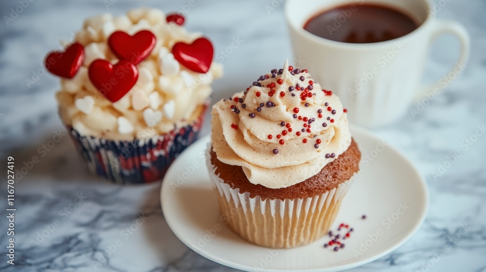 Delicious Vanilla Cupcakes with Red and White Heart Decorations and Sprinkles Delicious Vanilla Cupcakes with Red and White Heart Decorations and Sprinkles