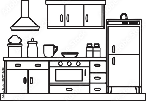 Black and white line art Silhouette kitchen  furniture vector doodle art in white background