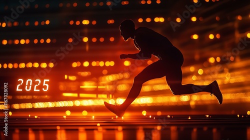 A silhouette of a runner leaning forward on a track illuminated by glowing lights and engraved with 